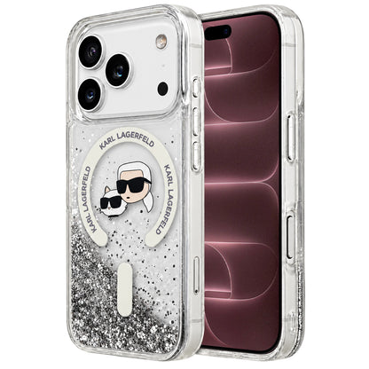 Husa MagSafe pentru Apple iPhone 18 Pro Max / 17 Pro Max, Karl Lagerfeld, Liquid Glitter Karl & Choupette Head's, Transparenta