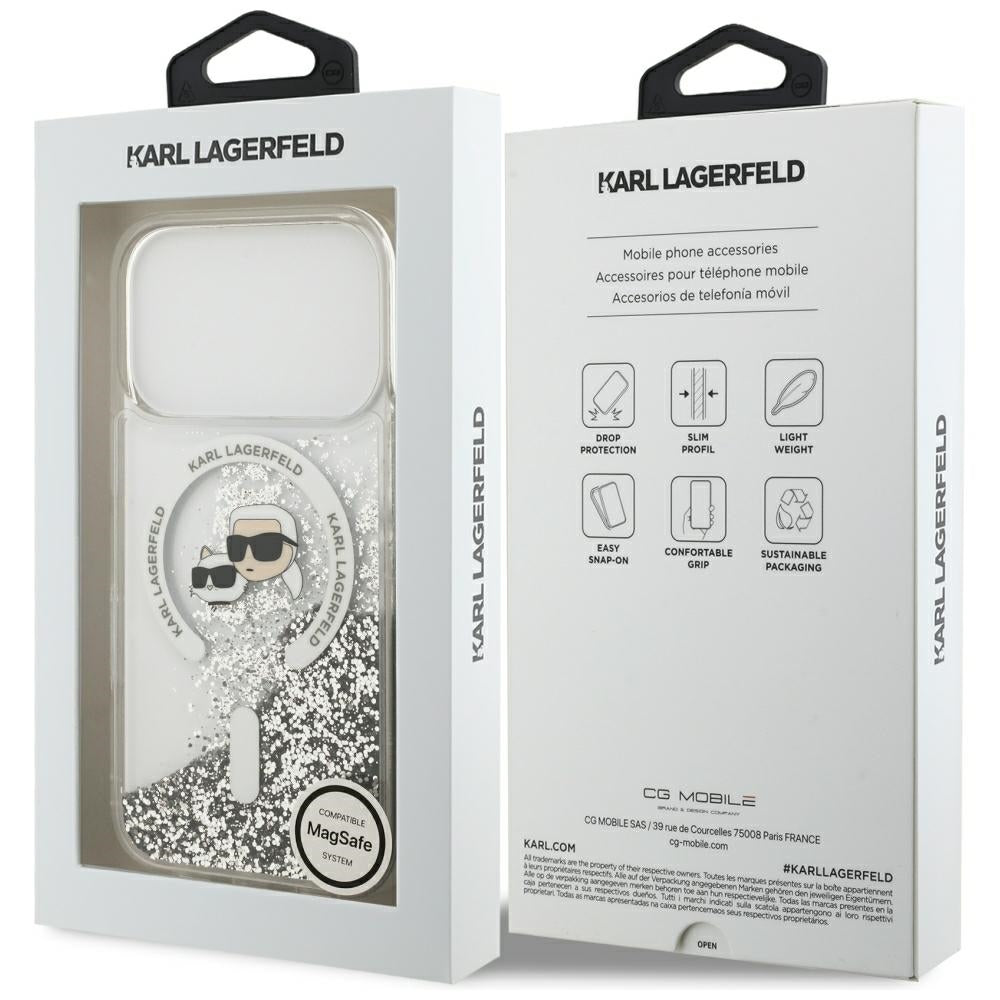 Husa MagSafe pentru Apple iPhone 18 Pro Max / 17 Pro Max, Karl Lagerfeld, Liquid Glitter Karl & Choupette Head's, Transparenta