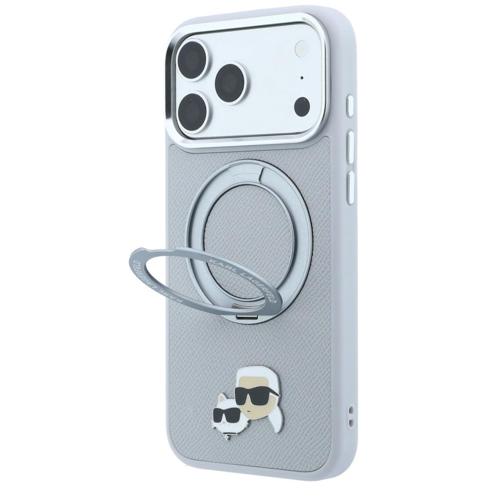 Husa MagSafe pentru Apple iPhone 18 Pro Max / 17 Pro Max, Karl Lagerfeld, Ring Stand 360 Karl & Choupette Pin, Gri