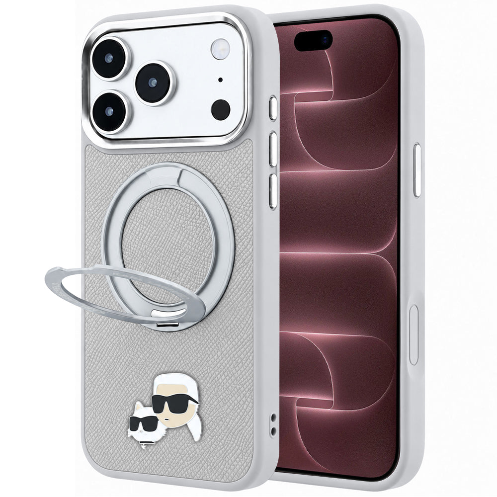 Husa MagSafe pentru Apple iPhone 18 Pro Max / 17 Pro Max, Karl Lagerfeld, Ring Stand 360 Karl & Choupette Pin, Gri