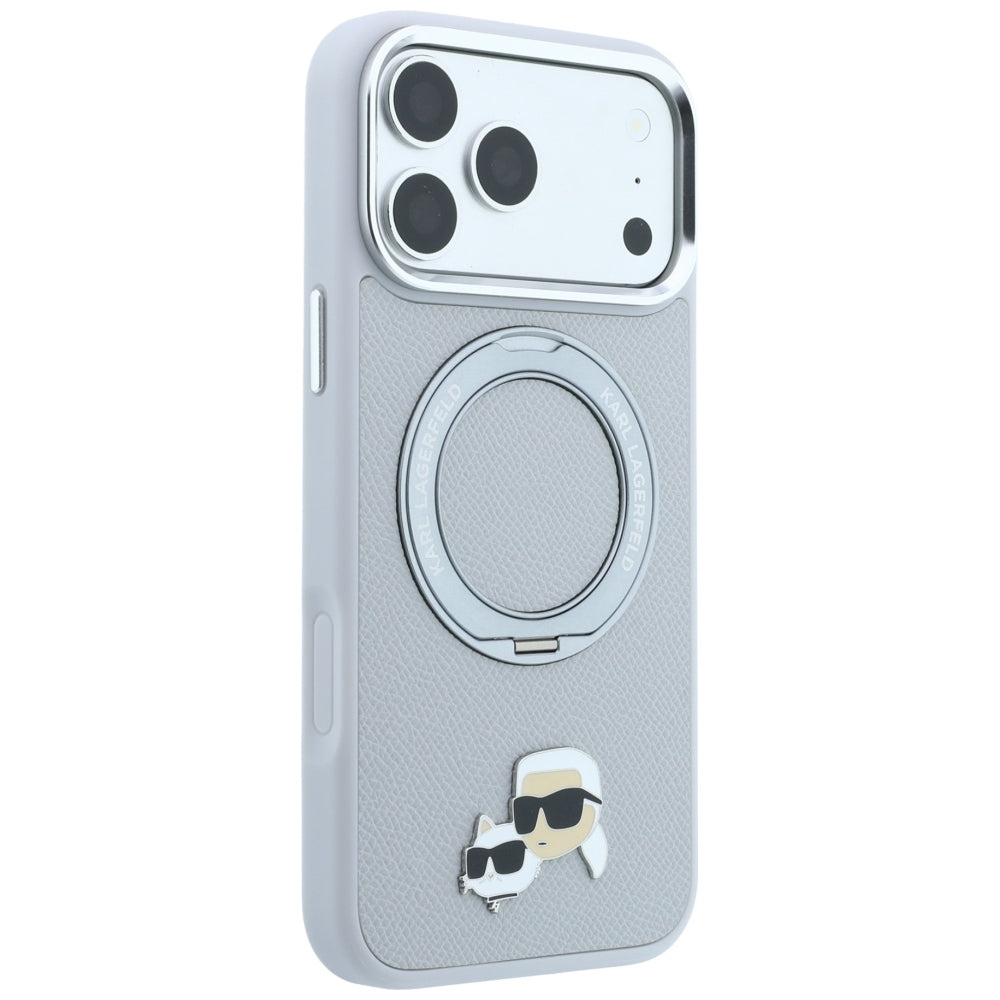 Husa MagSafe pentru Apple iPhone 18 Pro Max / 17 Pro Max, Karl Lagerfeld, Ring Stand 360 Karl & Choupette Pin, Gri