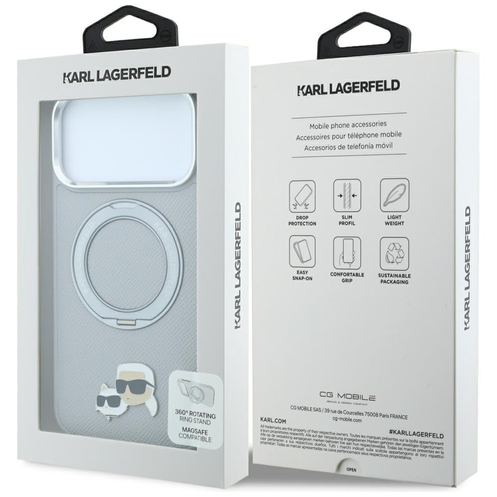Husa MagSafe pentru Apple iPhone 18 Pro Max / 17 Pro Max, Karl Lagerfeld, Ring Stand 360 Karl & Choupette Pin, Gri