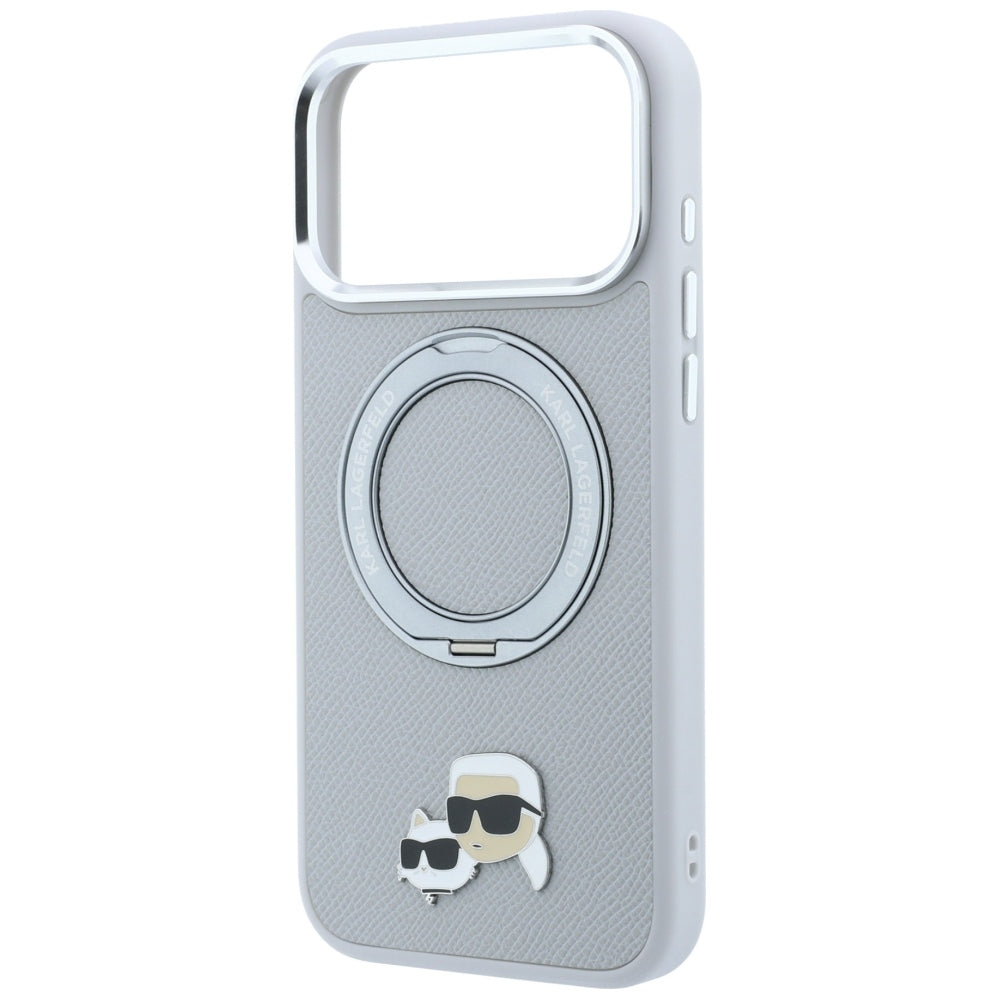 Husa MagSafe pentru Apple iPhone 18 Pro Max / 17 Pro Max, Karl Lagerfeld, Ring Stand 360 Karl & Choupette Pin, Gri