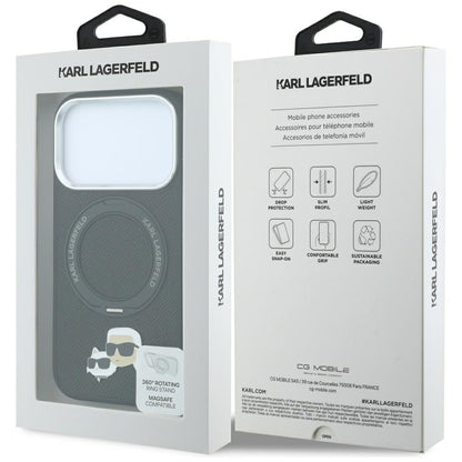 Husa MagSafe pentru Apple iPhone 18 Pro Max / 17 Pro Max, Karl Lagerfeld, Ring Stand 360 Karl & Choupette Pin, Neagra