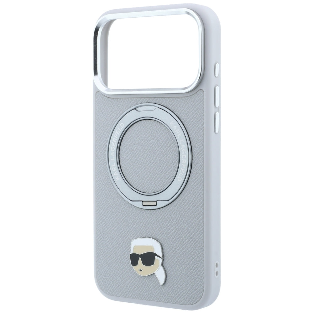 Husa MagSafe pentru Apple iPhone 18 Pro Max / 17 Pro Max, Karl Lagerfeld, Ring Stand 360 Karl Pin, Gri