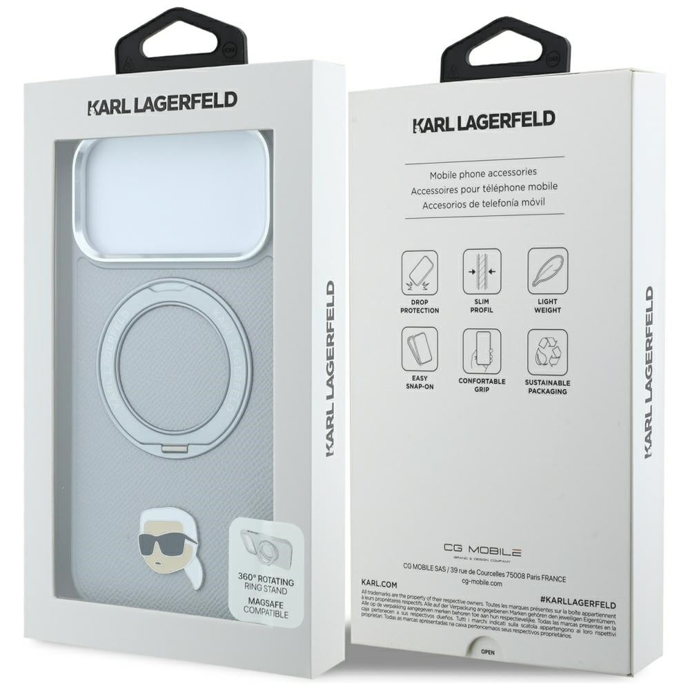 Husa MagSafe pentru Apple iPhone 18 Pro Max / 17 Pro Max, Karl Lagerfeld, Ring Stand 360 Karl Pin, Gri