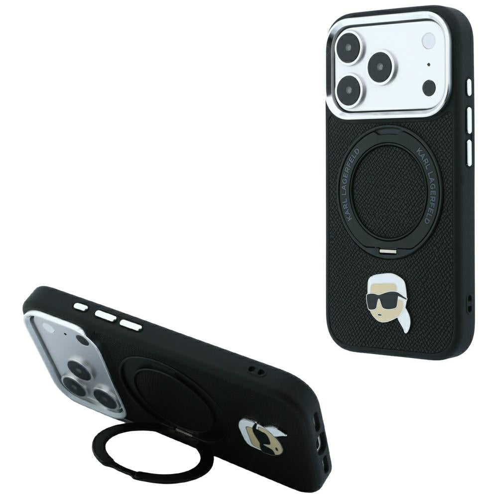 Husa MagSafe pentru Apple iPhone 18 Pro Max / 17 Pro Max, Karl Lagerfeld, Ring Stand 360 Karl Pin, Neagra