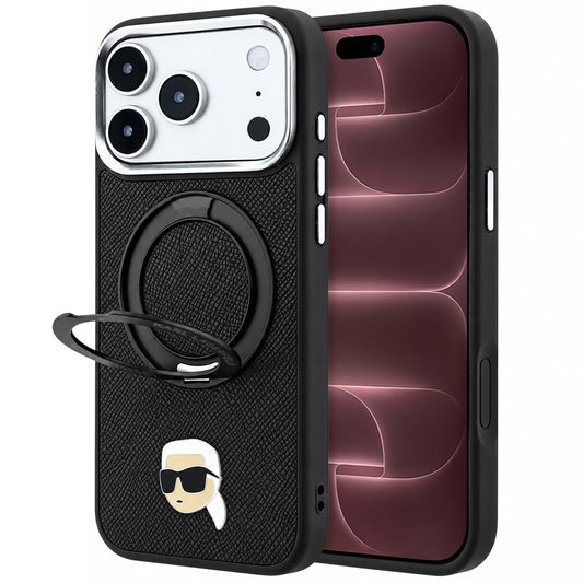 Husa MagSafe pentru Apple iPhone 18 Pro Max / 17 Pro Max, Karl Lagerfeld, Ring Stand 360 Karl Pin, Neagra