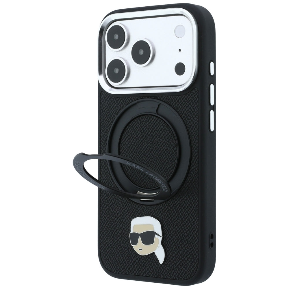 Husa MagSafe pentru Apple iPhone 18 Pro Max / 17 Pro Max, Karl Lagerfeld, Ring Stand 360 Karl Pin, Neagra