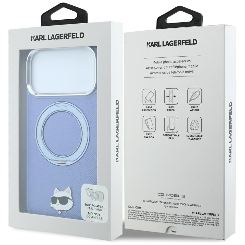 Husa MagSafe pentru Apple iPhone 18 Pro Max / 17 Pro Max, Karl Lagerfeld, Saffiano Ring Stand 360 Choupette Pin, Bleu