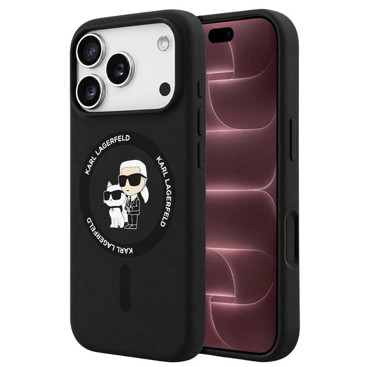 Husa MagSafe pentru Apple iPhone 18 Pro Max / 17 Pro Max, Karl Lagerfeld, Silicone Ring Karl & Choupette, Neagra
