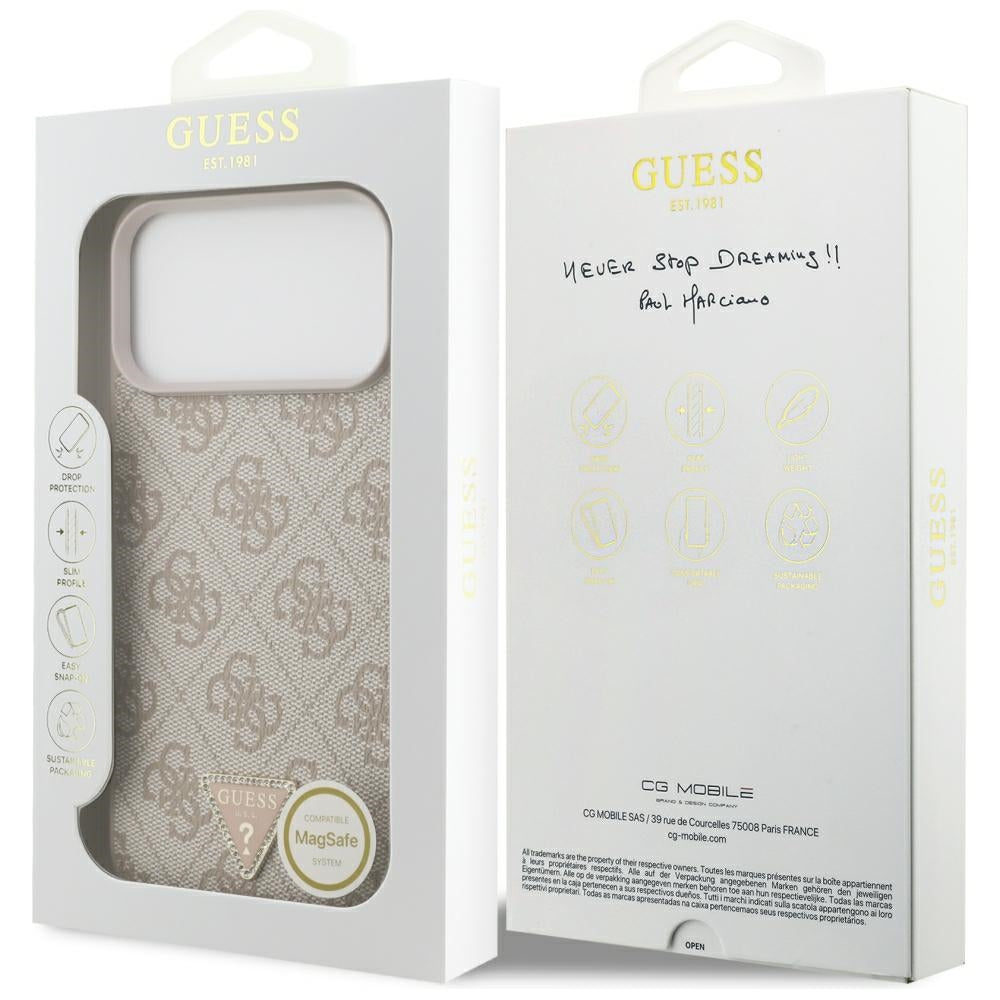 Husa MagSafe pentru Apple iPhone 18 Pro Max, Guess, 4G Triangle Strass, Roz