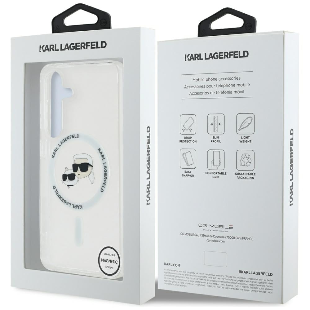 Husa MagSafe pentru Samsung Galaxy S25+ S936, Karl Lagerfeld, IML Metal Karl & Choupette's Heads, Argintie