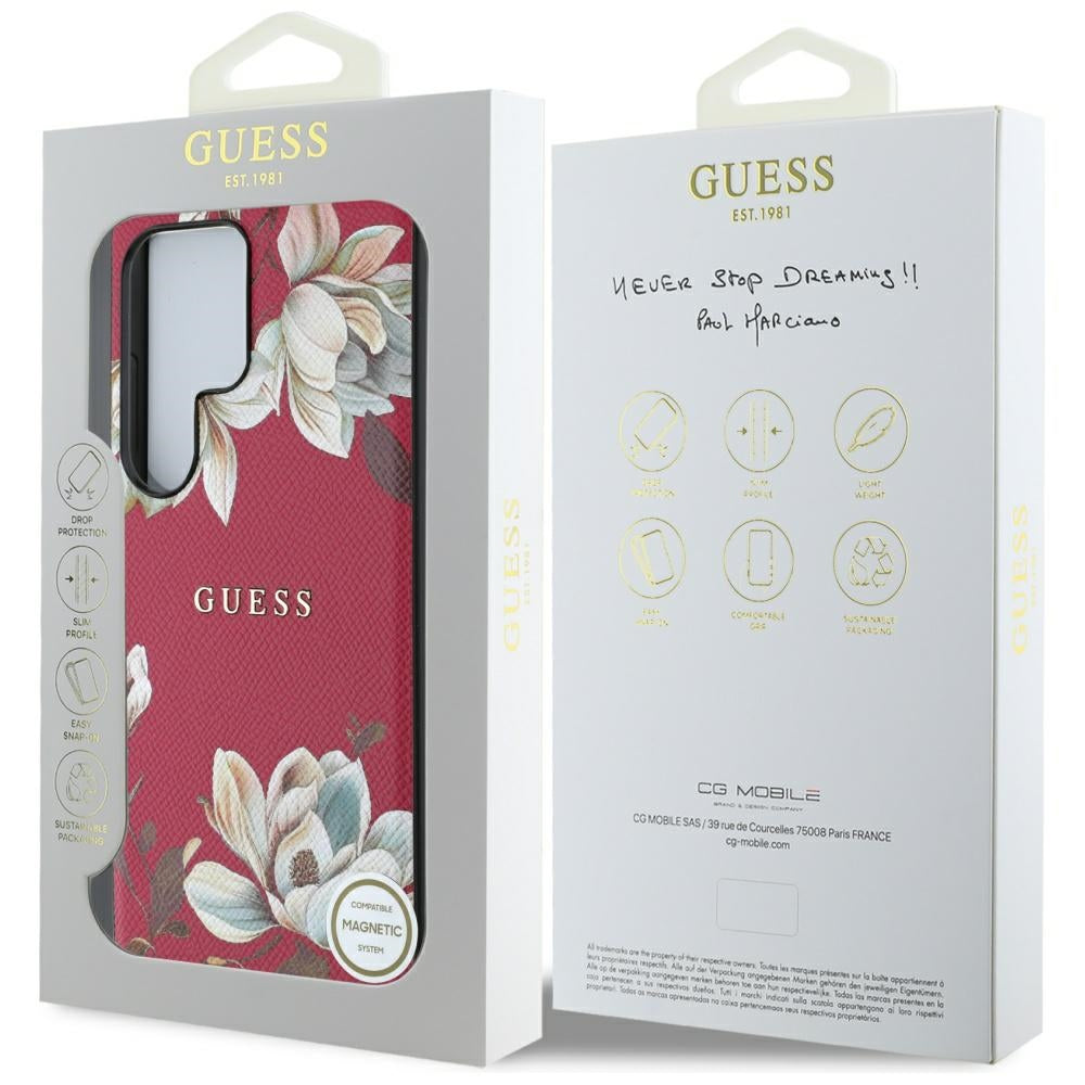 Husa MagSafe pentru Samsung Galaxy S25 Ultra S938, Guess, Grained Flowers, Fucsia