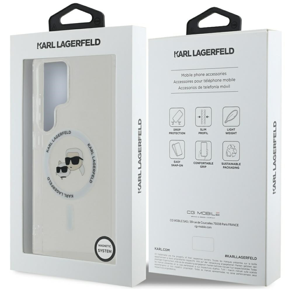 Husa MagSafe pentru Samsung Galaxy S25 Ultra S938, Karl Lagerfeld, IML Metal Karl & Choupette's Heads, Alba