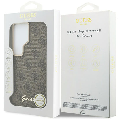 Husa MagSafe pentru Samsung Galaxy S26 S942, Guess, 4G Script Logo, Maro
