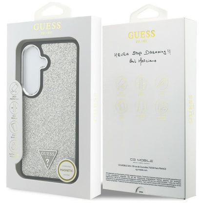 Husa MagSafe pentru Samsung Galaxy S26 S942, Guess, Fixed Glitter Triangle Logo, Argintie