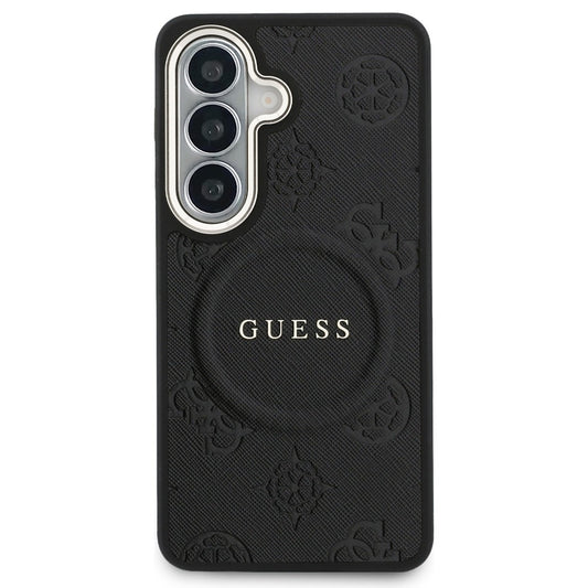 Husa MagSafe pentru Samsung Galaxy S26 S942, Guess, Saffiano Peony Embossed Ring, Neagra