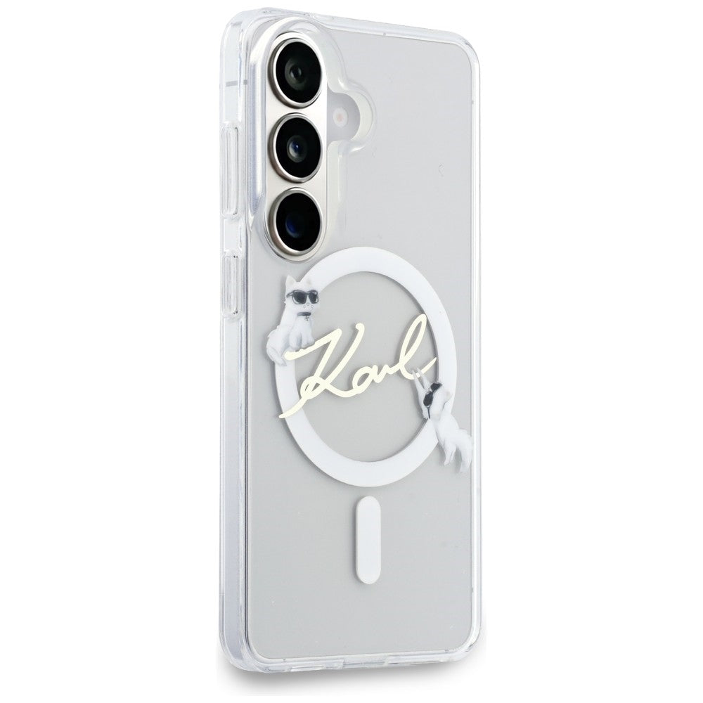 Husa MagSafe pentru Samsung Galaxy S26 S942, Karl Lagerfeld, IML Choupette Karl Script Logo, Alba