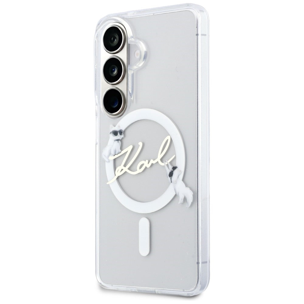 Husa MagSafe pentru Samsung Galaxy S26 S942, Karl Lagerfeld, IML Choupette Karl Script Logo, Alba