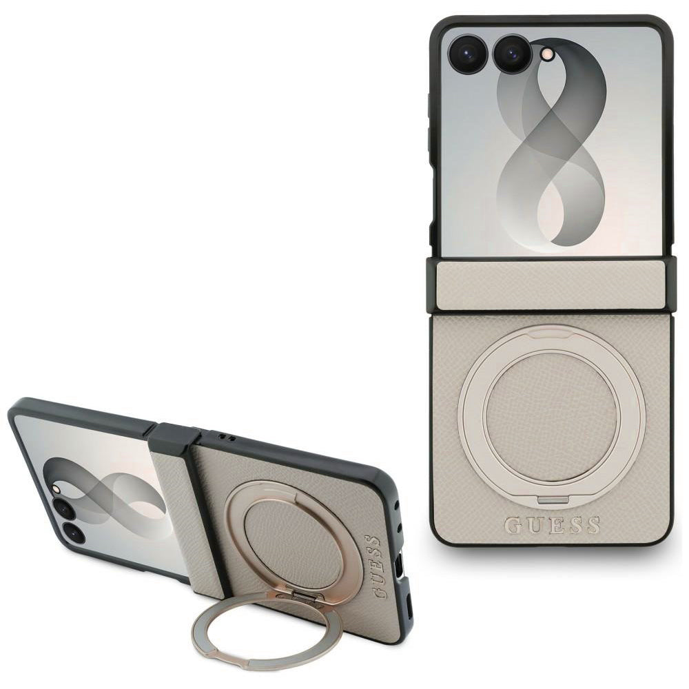 Husa MagSafe pentru Samsung Galaxy Z Flip8 F776, Guess, Ring Stand Grained Classic Logo, Bej