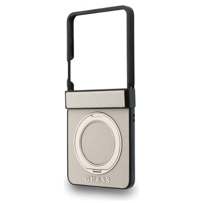 Husa MagSafe pentru Samsung Galaxy Z Flip8 F776, Guess, Ring Stand Grained Classic Logo, Bej