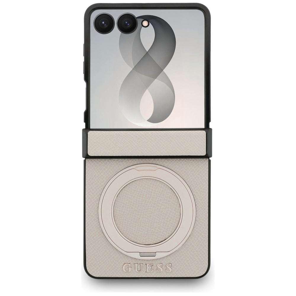 Husa MagSafe pentru Samsung Galaxy Z Flip8 F776, Guess, Ring Stand Grained Classic Logo, Bej