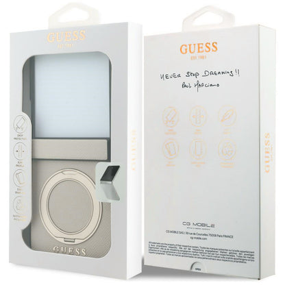 Husa MagSafe pentru Samsung Galaxy Z Flip8 F776, Guess, Ring Stand Grained Classic Logo, Bej