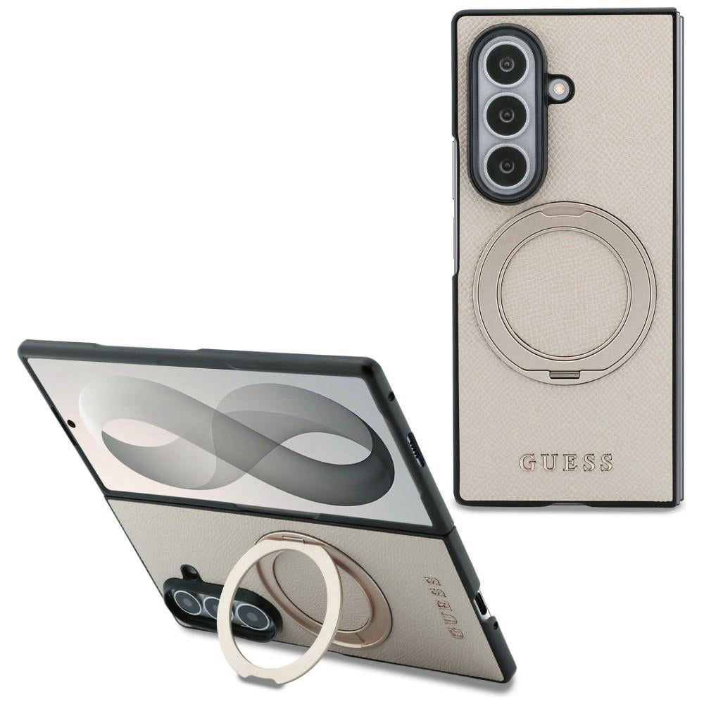 Husa MagSafe pentru Samsung Galaxy Z Fold8 Ultra F976, Guess, Ring Stand Grained Classic Logo, Bej