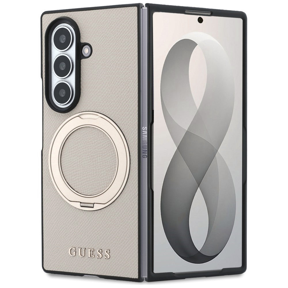 Husa MagSafe pentru Samsung Galaxy Z Fold8 Ultra F976, Guess, Ring Stand Grained Classic Logo, Bej