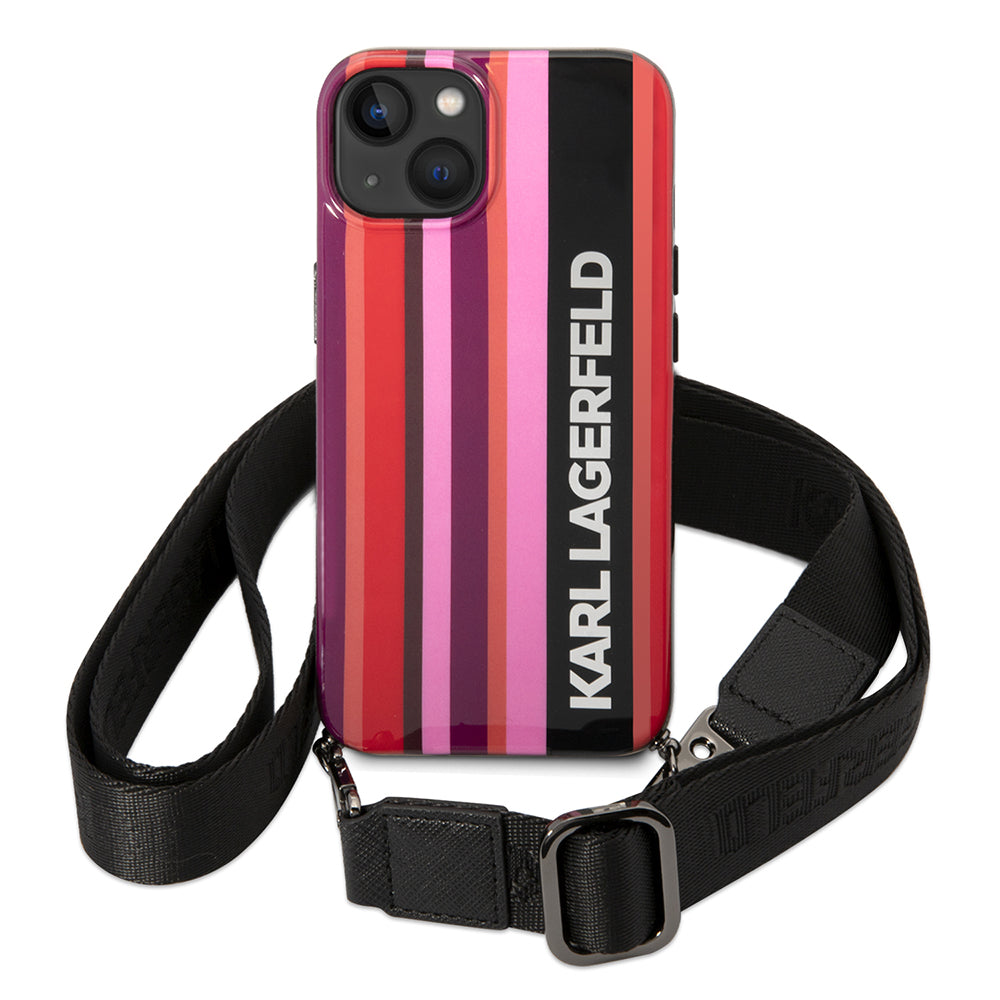 Husa pentru Apple iPhone 14, Karl Lagerfeld, Color Stripes with Strap, Roz