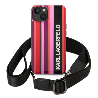 Husa pentru Apple iPhone 14, Karl Lagerfeld, Color Stripes with Strap, Roz