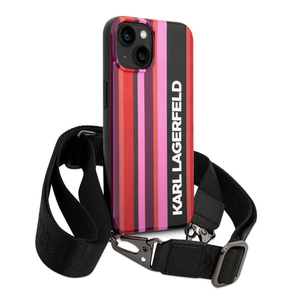 Husa pentru Apple iPhone 14, Karl Lagerfeld, Color Stripes with Strap, Roz