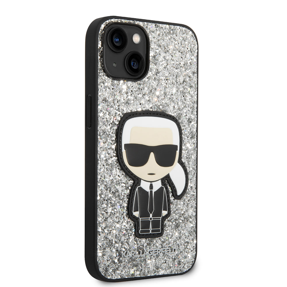 Husa pentru Apple iPhone 14, Karl Lagerfeld, Glitter Flakes Ikonik Karl, Argintie