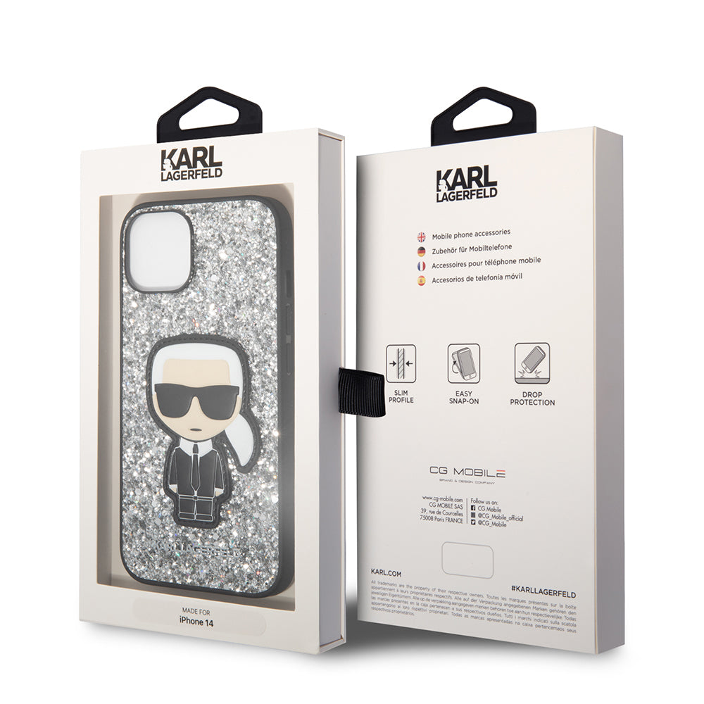 Husa pentru Apple iPhone 14, Karl Lagerfeld, Glitter Flakes Ikonik Karl, Argintie