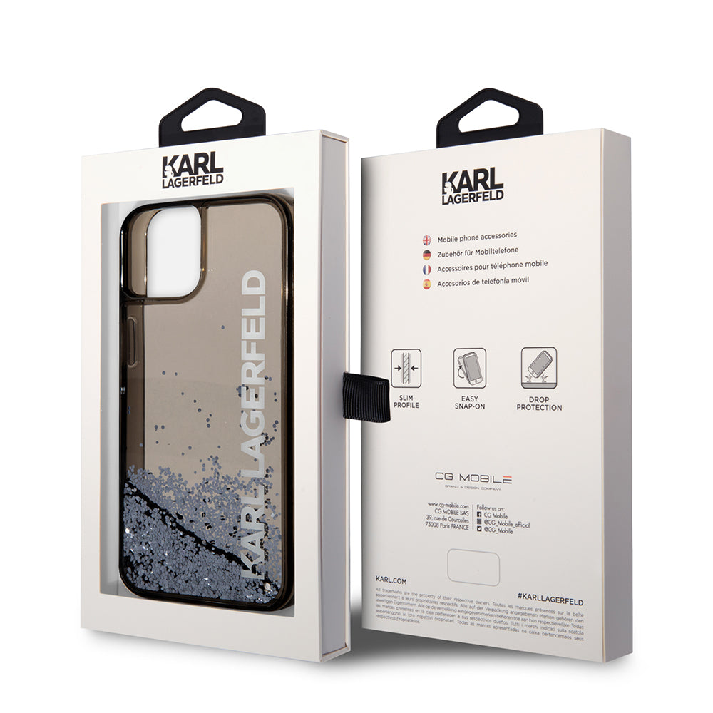 Husa pentru Apple iPhone 14, Karl Lagerfeld, Liquid Glitter KL Logo, Neagra