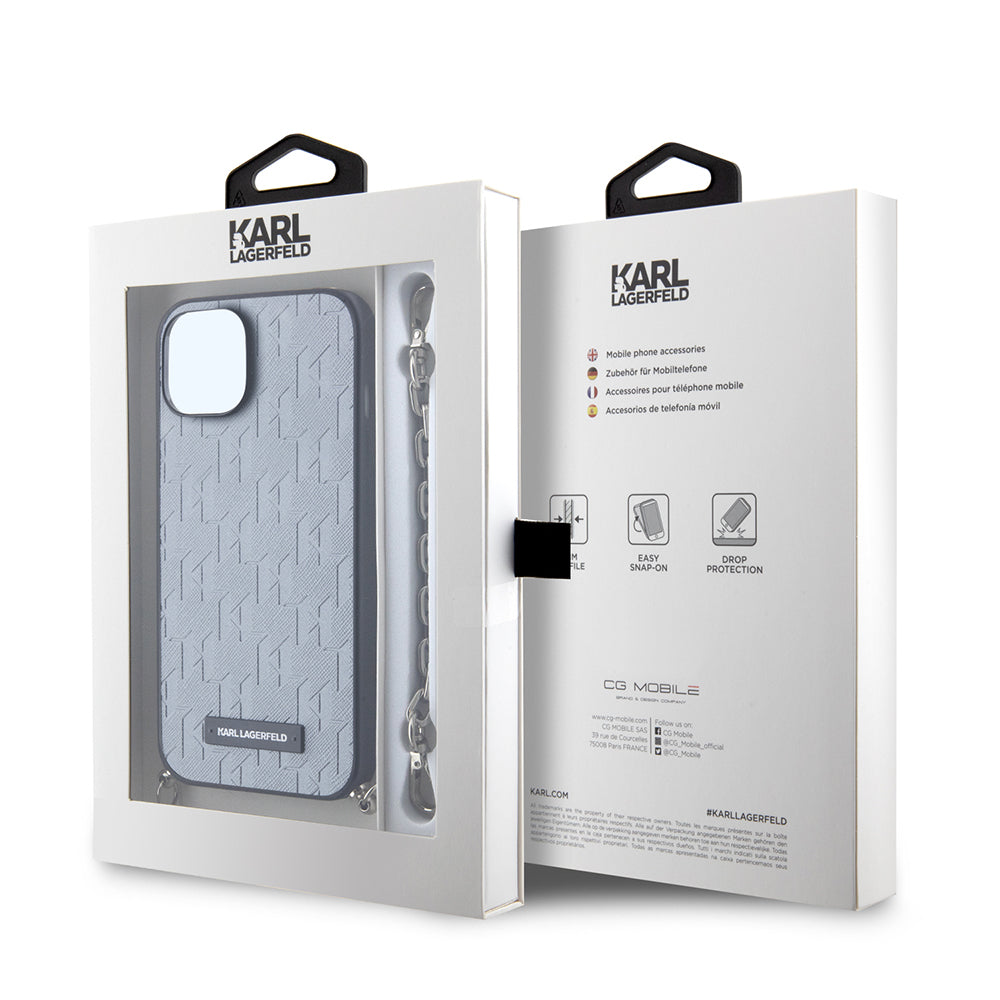 Husa pentru Apple iPhone 14, Karl Lagerfeld, Saffiano Monogram Chain, Argintie