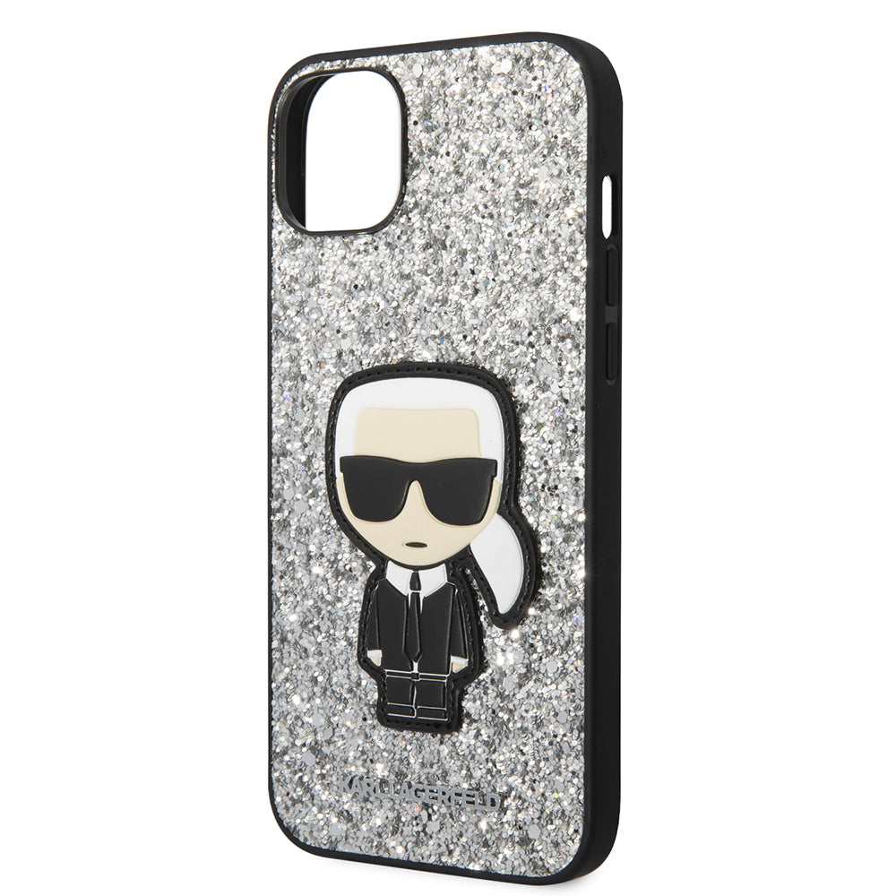 Husa pentru Apple iPhone 14 Plus, Karl Lagerfeld, Glitter Flakes Ikonik Karl, Argintie