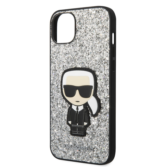 Husa pentru Apple iPhone 14 Plus, Karl Lagerfeld, Glitter Flakes Ikonik Karl, Argintie