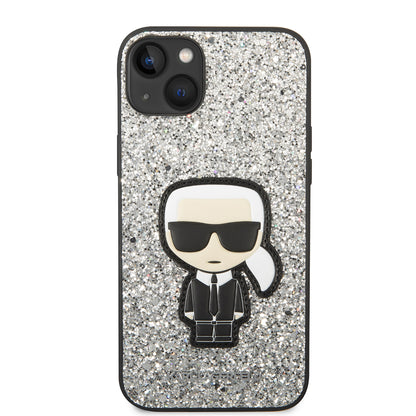 Husa pentru Apple iPhone 14 Plus, Karl Lagerfeld, Glitter Flakes Ikonik Karl, Argintie