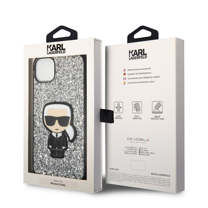 Husa pentru Apple iPhone 14 Plus, Karl Lagerfeld, Glitter Flakes Ikonik Karl, Argintie