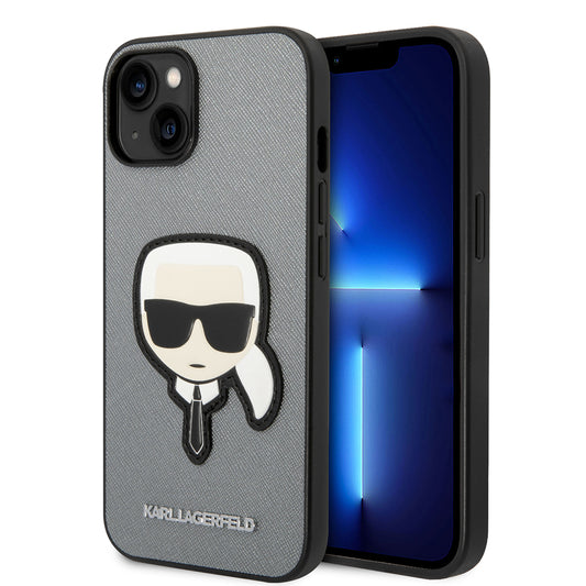 Husa pentru Apple iPhone 14 Plus, Karl Lagerfeld, Saffiano Karl's Head, Argintie