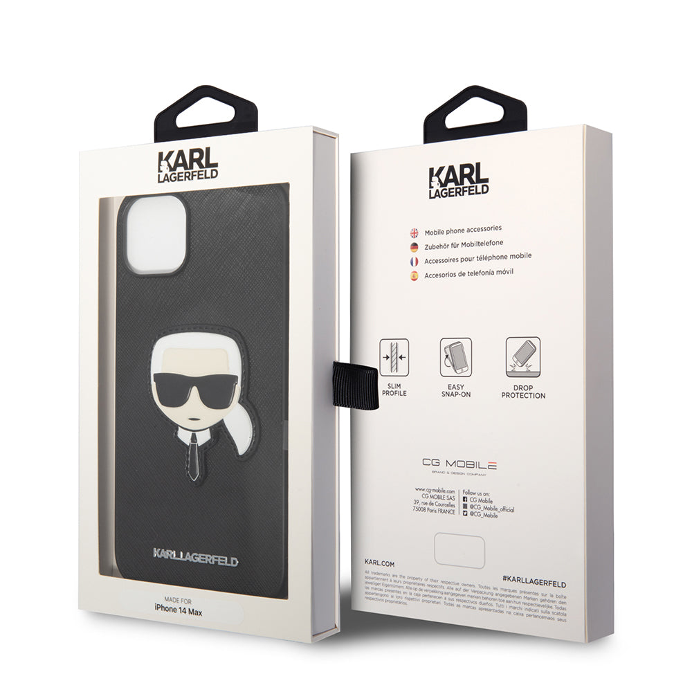 Husa pentru Apple iPhone 14 Plus, Karl Lagerfeld, Saffiano Karl's Head, Neagra