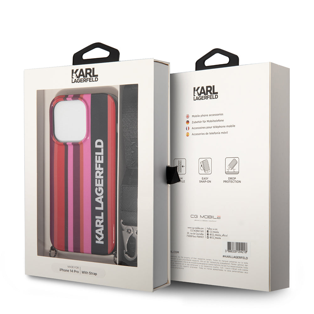 Husa pentru Apple iPhone 14 Pro, Karl Lagerfeld, Color Stripes with Strap, Roz