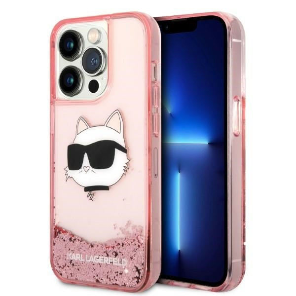 Husa pentru Apple iPhone 14 Pro, Karl Lagerfeld, Glitter Choupette's Head, Roz