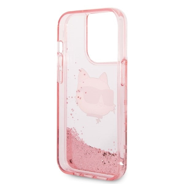Husa pentru Apple iPhone 14 Pro, Karl Lagerfeld, Glitter Choupette's Head, Roz