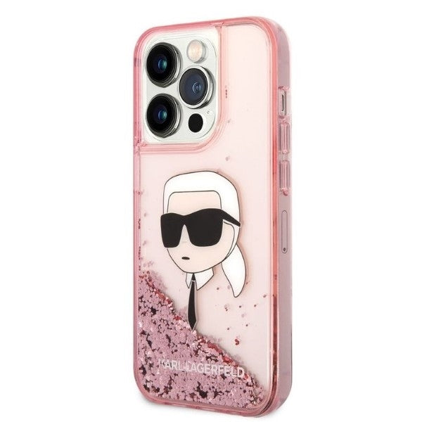 Husa pentru Apple iPhone 14 Pro, Karl Lagerfeld, Glitter Karl's Head, Roz