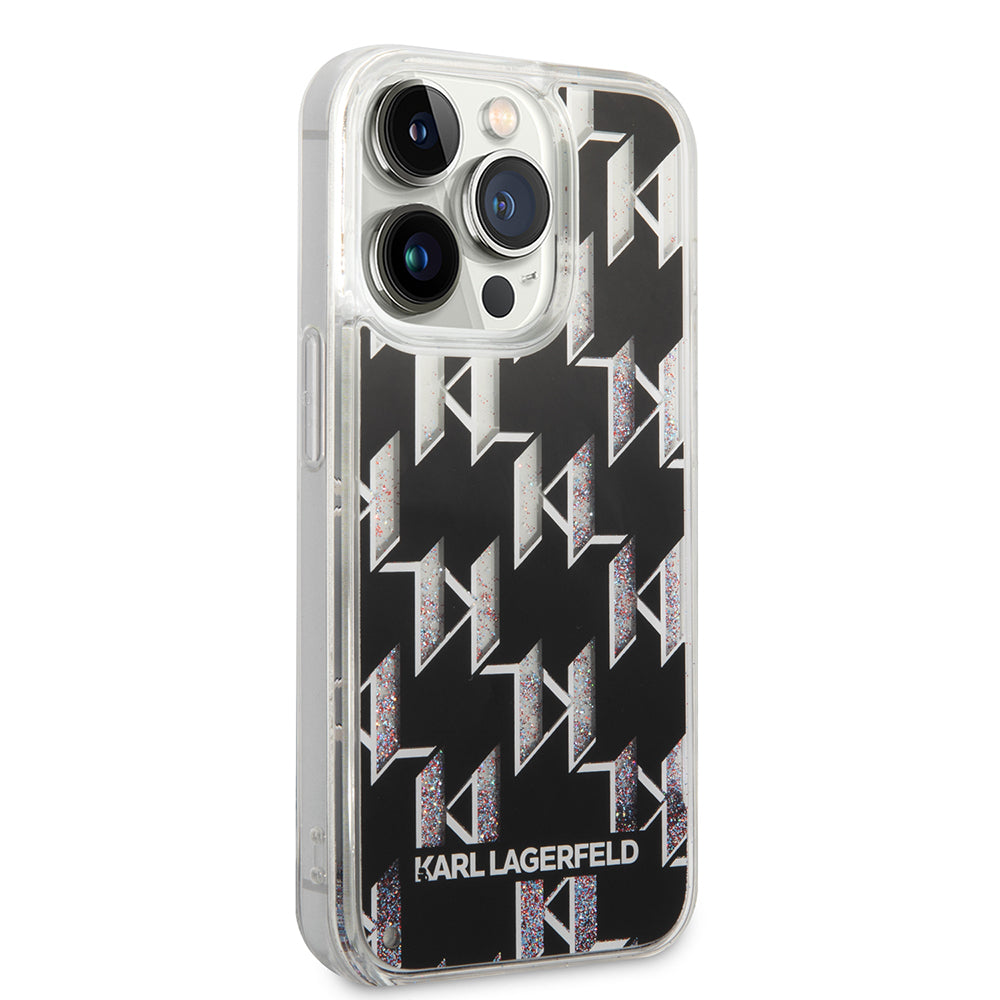 Husa pentru Apple iPhone 14 Pro, Karl Lagerfeld, Liquid Glitter Monogram, Neagra