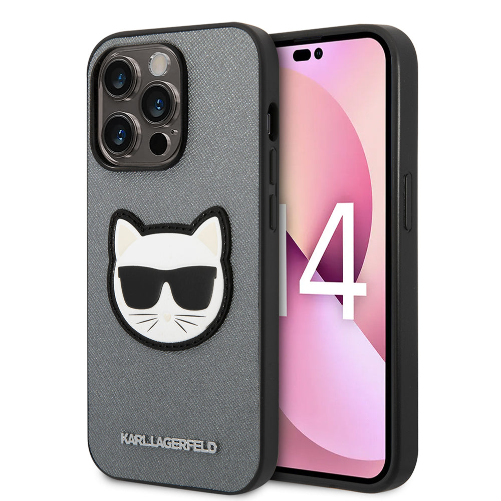 Husa pentru Apple iPhone 14 Pro, Karl Lagerfeld, Saffiano Choupette's Head, Argintie