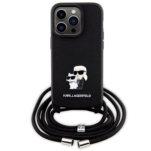 Husa pentru Apple iPhone 14 Pro, Karl Lagerfeld, Saffiano Crossbody Metal Pin Karl & Choupette, Neagra